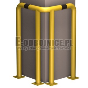 Odbojnica narożna równoramienna fi 76,1 mm, wysokość 1200, wymiar ramion A = 600 mm. Do przykręcenia. Na trzech nogach. Malowana na żółto w czarne pasy.