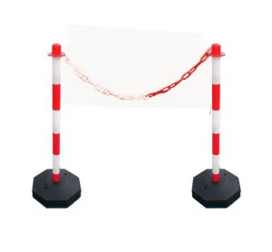 Zestaw dwa słupki przenośny do łańcucha biało - czerwone 90 cm podstawa plastikowa, łańcuch 2000 mm w zestawie